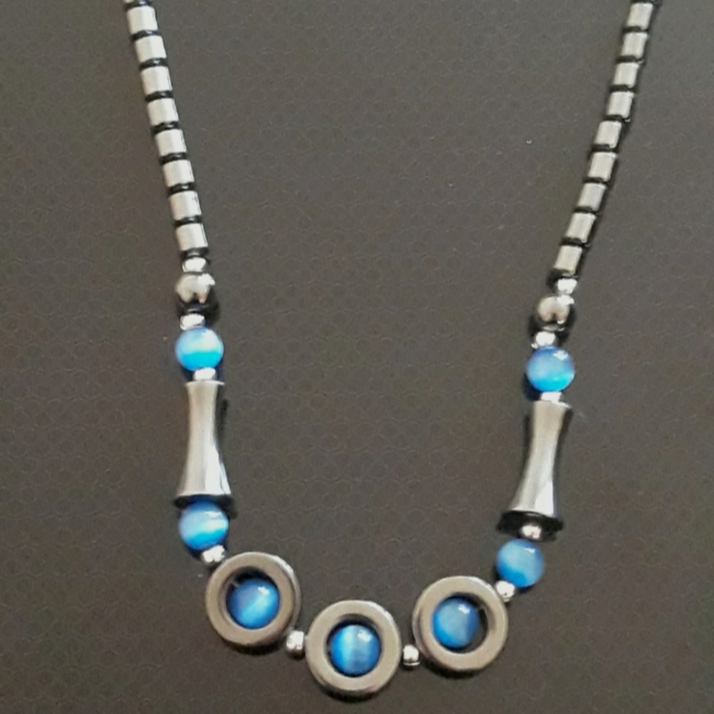 Handmade Blue Glass and Hematite Bead Necklace - 18" Long